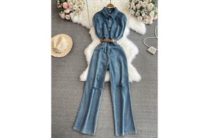 New Arrivals Sleeveless Casual Denim Long Jumpsuits Summer High Waist Jump Suits Ladies Casual Overalls One Piece