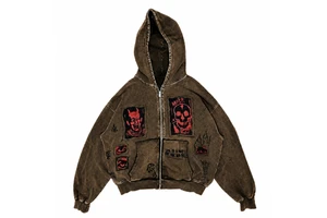 Men Acid Wash Zip Up Hoodie Brown Distressed Devil Skull Graphic Oversized Streetwear Gothic Grunge Hooded Jacket Custom OEM