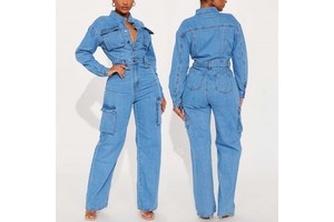 New Arrival Women Clothing Turn Down Collar Vintage New Female Denim Jumpsuit Woman Jean Overalls Long Sleeve Elegant Jumpsuits