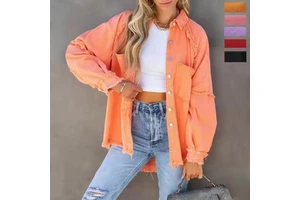 Casual Women's Long Sleeved Denim Jacket with Washed Edges Medium to Long Loose Fit