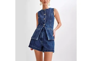 Womens Denim 2 Piece Set Sleeveless Button Down Vest Tops Short Pants Suit Sets