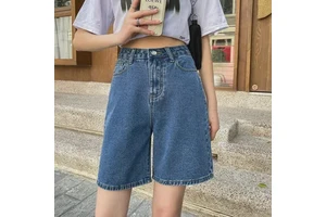 Women Denim Shorts Summer Vintage Streetwear Female High Waist Wide Leg Straight Short Pants Solid Color Ladies Jean Shorts