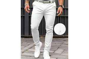 Wholesale Men's Solid Color Tight-fitting Pockets Zipper Business Work Wear Casual Slim Trousers Woven Jeans