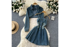 Spice Girls Denim Suit Pant Sets Women Fall Two-Piece Waist Slimming Halter Pleat Dress + Long Sleeve Cardigan Coat