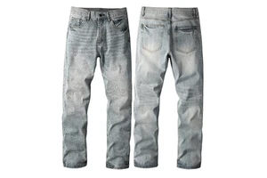 Y2K Vintage Wash Stretch Denim Biker Jeans Men Baggy Ripped Rhinestone Embellished Breathable Four Season Street Trousers