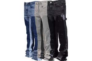 Mens Vintage Mid Waist Denim Work Pants Euro-American Instagram-Famous Workwear Hot Elastic Patchwork Flared Layered Trousers