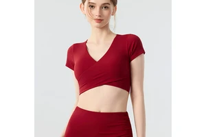 Womens V-neck Short-Sleeve Yoga Top Built-In Padded Cups Breathable Spandex/Nylon Outerwear Nude-Feel Tummy-Controlled