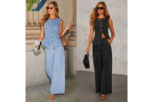 High-quality Fashion-style Buttons Sleeveless Jacket Wide-leg Jeans Women's Denim Suit Lady's Suit Women Set