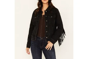 LARSUR Custom Factory Denim Jacket with Suede Fringe Tassel Distress Wash Bomber Cropped Long Sleeves Short Jean Jacket Women