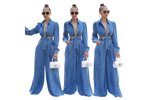 Custom Logo Fall 2024 Women Clothes New Women's Casual Wide-leg Jeans 2 Piece Sets v Neck Sexy Jeans Suit