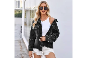 Women's 2025 Vintage Distressed Denim Jacket Long Sleeve Euro Western Boho Chic Style Studded Pearl Embellished for Autumn
