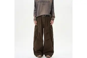American-style Heavy-Duty Medium Washed Cargo Pants Men's Loose Fit Mid Waist Straight-Design Denim Trousers