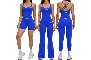 Women's Solid Front Double Straps Cross Back Yoga Tank Top High Waist Gym Shorts Leggings Flare Pants Sports Suit Breathable