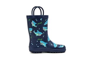 Cartoon Shark Rubber Rain Boots Double Black Pull Handle Loops Waterproof Non Slip Navy Ocean Animal Lightweight Rain Shoes