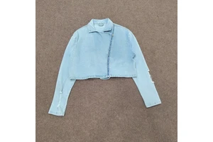 Women's Cropped Light Blue Denim Jacket Diagonal Zip up Distressed Jean Coat Vintage Washed Moto Style Streetwear Outerwear