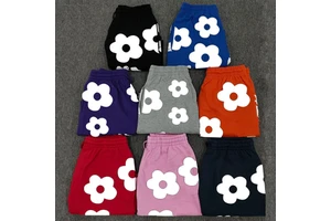 Trendy Casual Brand Collection Men's Unique Denim Tear Solid Short Shorts Set Mid Waist 100% Cotton Drawstring for Puff Print