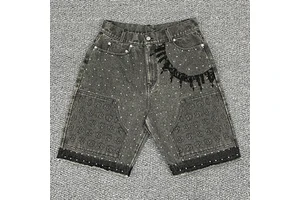 Rhinestone Fringe Men's Denim Shorts - Custom Acid Wash Vintage Jeans with Embossed Details
