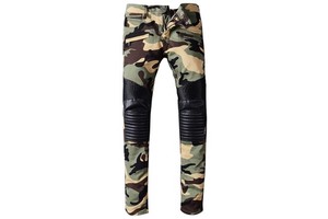 Men's Camouflage PU Leather Patchwork Spliced Biker Jeans for Moto Casual Fashion Pleated Denim Pants Long Trousers