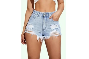 2025 Hot Selling Women's High-Waist Straight Distressed Denim Shorts Casual Slim Fit Breathable Belt Button Sexy Summer