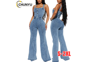 Fashion Summer Street Wear Sleeveless Unique Skinny Jeans Flare One Piece Denim Jumpsuit Women