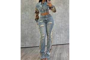 Women Fashion Print Denim Sets Two-piece Jeans Suits