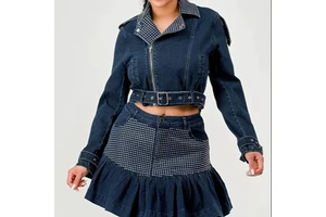 Women's Solid Pattern Deep Washed Hot Drill Denim Skirt Suit with Belt Jacket Ruffled Skirt for Casual Party Shopping Night Wear