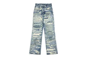 2026 Distressed Plus Size Men's Jeans Denim Polyester/Cotton Stonewashed for Eco-Friendly Rough Leg Bottom Ripped Streetwear