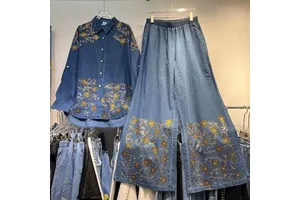 4XL Long-sleeved Denim Shirt + Stylish Floral Beaded Denim Pants Set