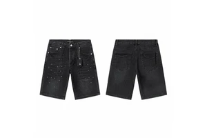 Vintage Men's Baggy Straight Loose Denim Shorts Breathable Casual Streetwear Low Cargo Pants-Black Washed Custom Logo Embroidery