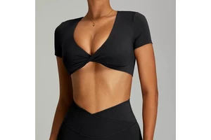 Quick-drying Bare-chested Yoga Top with Short Sleeves and V-Neck Sexy Low-cut Design for Sports and Fitness
