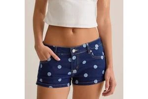 Custom Women's Dark Blue Polka Dot Printed Low Waist Zipper Buttons Slim Fit Casual Summer Mini Denim Shorts Manufacturer