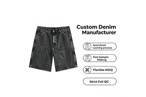 Custom Men's Black Vintage Washed Carpenter Denim Jorts Multi Pocket Wide Leg Workwear Shorts OEM Private Label Denim Shorts