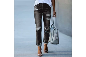 Women's Cross-Border New Regular Fit Solid Color Breathable Casual Summer Versatile Distressed Denim Jeans