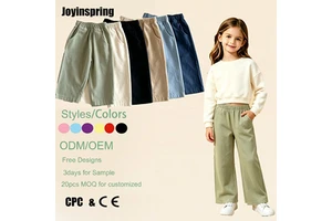 Versatile Fashion Premium Cotton Wide Leg Elastic Waist Girls Loose Trousers With Side Pockets For School Casual Daily Wear