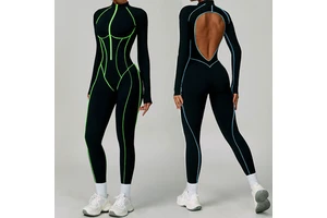 Women's Yoga Onessuit Contrast Color Stripe Yoga Suit High Strength Fitness Deep V Long Sleeve Top Pants Sports Zip Bra Jumpsuit