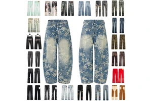 Fashion Blue Women's Baggy Denim Pants Denim Floral Jacquard Relaxed Baggy Fit Heavy Weight Streetwear Women Jeans