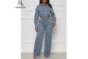 Elegant Denim Two Piece Set Women Long Sleeve Buttons Drawstring Jackets Crop Top Wide Leg Pants Jeans Suits Streetwear Outfit
