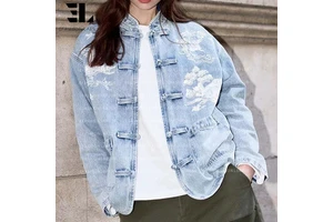 LARSUR Custom Factory Distress Wash Embroidered Chinese Style Denim Jacket Casual Streetwear Frog Button Jean Shirt Jacket Women