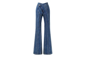 Women's Eco-Friendly Breathable High Waist Wide Leg Bell Bottom Denim Jeans Solid Vintage Summer Casual Blue