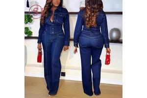 J6028 Women's Fashion Matching Set Collared Long-Sleeve Jacket & Wide-Leg Jeans 2-Piece Denim Set Ladies Streetwear Set