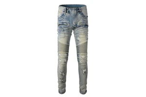 Wholesale Vintage Biker Men's Jeans Cotton Slim Fit Motorcycle Stretch Ripped Damage Stacked Skinny Moto Denim Trousers 979
