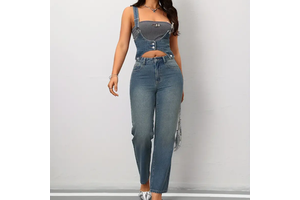Stylish Design Blue High-waisted Casual Denim Overalls Set Detachable Straps Underwaist Trouser Denim Women Jeans Pant