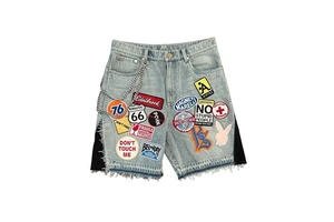 Men's Y2K Retro Patchwork Mid Denim Shorts Blue Loose Fit Casual Fitness Quick Dry Hip Hop Cartoon Graphics Button Summer Jort