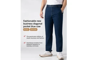 OEM Business Men Trousers Jeans Deep Blue Small Feet Diagonal Pockets Button Winter Ready Straight Style Custom Men's Jeans