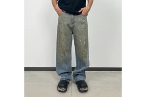 Men'S Straight Denim Jeans 100% Cotton High Quality Casual Style Cargo Pants Mid Waist Enzyme Wash