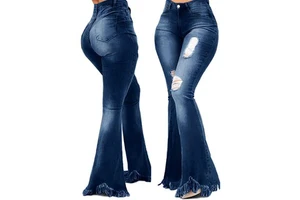Plus Size Women's Mid Waist Flare Jeans Dark Blue Ripped Distressed Frayed Hem Loose Fit Full Length Casual Style Button Fly