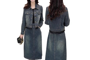 Custom Vintage Distressed Long Sleeve Jeans Coat Suit Mid Waist Fashion Women's Denim Jacket Skirts Set