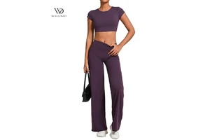 Yoga Set Solid Waterproof Custom Hollow-back Short-sleeve Belt Bra Pads Straight-leg Wide-leg Pants Soft Casual Sports Fitness