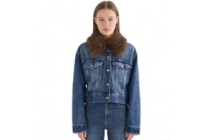 Women's Denim Jacket with Faux Fur Collar - Cropped Blue Jean Coat with Warm Fur Trim Sehe Fashion