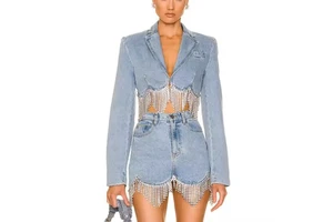 New Arrival High Quality Women's Denim Suit Sexy Crop Jacket Rhinestone Mini Skirt Acid Wash Faded Denim Short Sleeve Breathable